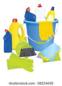 Plastic Bucket With Cleaning Supplies, Vector