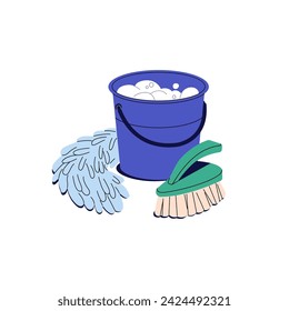 Plastic bucket with detergent, soapy water, bubbles of foam. Brush for wet cleaning. Mop rag for washing floor. Cleanup tools, housework supplies. Flat isolated vector illustration on white background