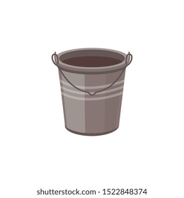 Plastic bucket with dirty unclean water flat cartoon vector illustration icon isolated on background. Household and housekeeping tool for home cleaning and repair.