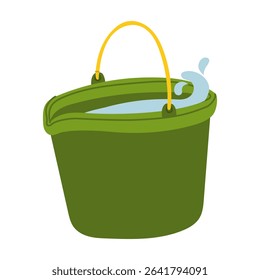 A plastic bucket filled to the brim with water. Gardening tools. Flat color illustration. Planting, seasonal work. Suitable for gardening, planting, gardening, manual labor, seasonal work.