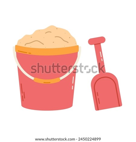 Plastic bucket filled with sand with shovel. Children's summer toys. Isolated flat vector illustration
