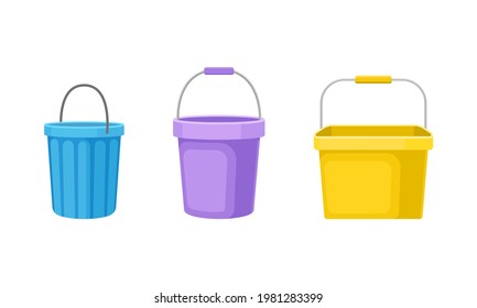 Plastic Bucket with Handle as Household Cleaning Equipment Vector Set