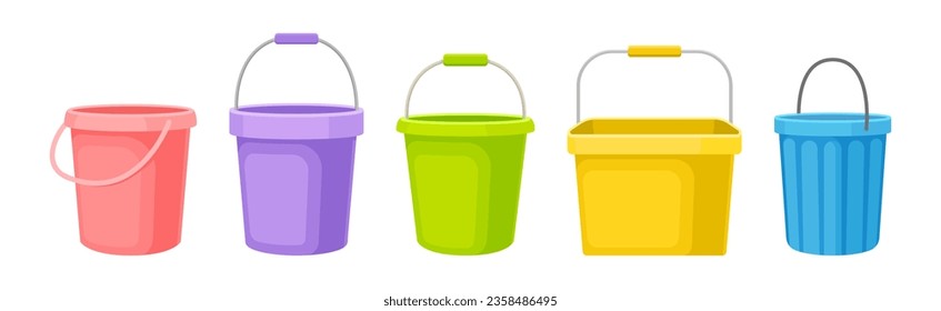 Plastic Bucket with Handle as Household Cleaning Equipment Vector Set