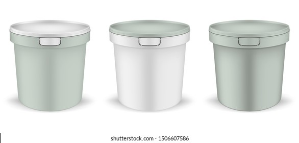 Plastic bucket with lid, realistic vector mock-up set. Blank color pail container isolated on white background, template. Easy to recolor.