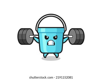 plastic bucket mascot cartoon with a barbell , cute style design for t shirt, sticker, logo element