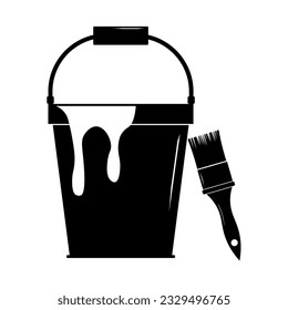 Plastic bucket and paint brush icon in modern silhouette style design