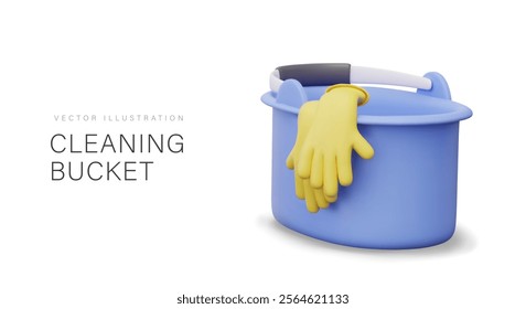Plastic bucket, pair of rubber gloves. Devices and accessories for cleaning. Isolated vector composition in 3D style. Advertising of cleaning services, store of detergents and tools