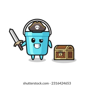 the plastic bucket pirate character holding sword beside a treasure box , cute style design for t shirt, sticker, logo element