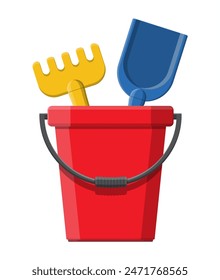 Plastic bucket with rake and shovel isolated on white. Bucket, rake and scoop toys for children sandbox and playground. Vector illustration in flat style