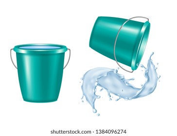 Plastic bucket realistic set with pouring water isolated vector illustration