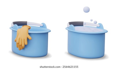 Plastic bucket with rubber gloves and soap foam. Set of realistic vector objects for dynamic cleaning concepts. Isolated templates on white background