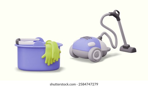 Plastic bucket with rubber gloves, vacuum cleaner. Set of vector objects for indoor cleanup concepts. Detailed templates for housework, cleaning service