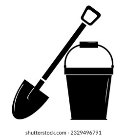 Plastic bucket and shovel icon in modern silhouette style design