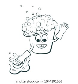 Plastic bucket soap foam character with hands and sponge. Cartoon vector illustration isolated on white background. Cleaning equipment. Line Art 
