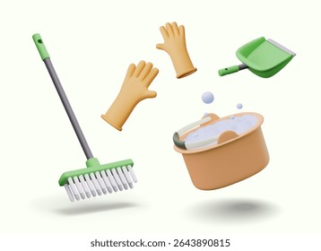 Plastic bucket with soap foam, mop, scoop, rubber gloves. Collection of items for manual wet and dry cleaning concepts. Isolated realistic supplies for housekeeping