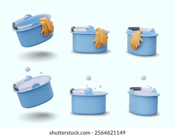 Plastic bucket with soap foam, rubber gloves. Set of isolated realistic models for wet cleaning concepts. Professional services of cleaners. Hand protection when working with detergents