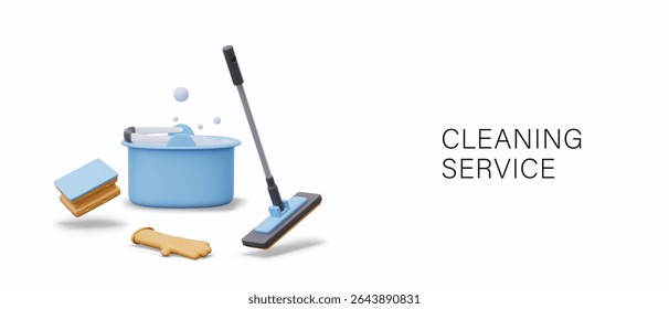 Plastic bucket with soap foam, rubber glove, sponge, mop. 3D elements for cleaning service concepts. Isolated vector templates for advertising, compositions, skits