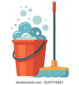 Plastic bucket with soap mop isolated vector illustration on white background