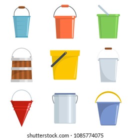 Plastic bucket types container icons set. Flat illustration of 9 plastic bucket types container vector icons isolated on white