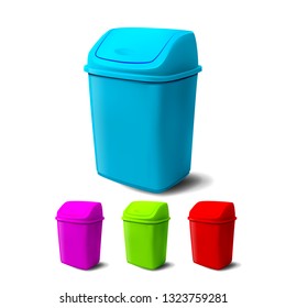 Plastic Bucket Vector. Bucketful Different Colors. Classic Jar Empty. Office, Restroom Equipment For Paper Trash. Isolated Realistic Illustration