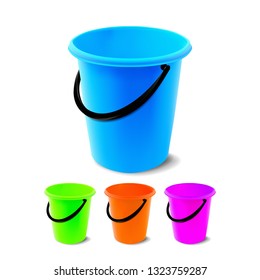 Plastic Bucket Vector. Bucketful Different Colors. Classic Jar With Handle, Empty. Garden, Household, Office Equipment. Isolated Realistic Illustration