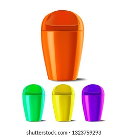 Plastic Bucket Vector. Bucketful Different Colors. Classic Jar Empty. Container. Office, Restroom Equipment For Paper Trash. Isolated Realistic Illustration