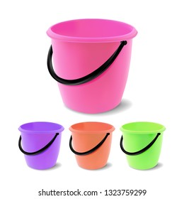 Plastic Bucket Vector. Bucketful Different Colors. Classic Jar With Handle, Empty. Garden, Household, Office Equipment. Reatil Object. Isolated Realistic Illustration