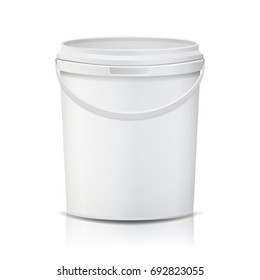 Plastic Bucket Vector. Realistic. White Empty. Container For Paint Or Food. Isolated On White Illustration
