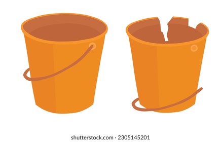 Juego de vectores de cubo de plástico. Concepto de residuos plásticos. Llanto de cubo naranja roto. Icono de contenedor de agua. Ilustración vectorial plana en estilo de dibujos animados aislados en fondo blanco. 