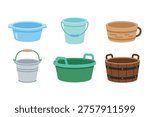 Plastic bucket and water basin collection for household and garden flat vector illustration