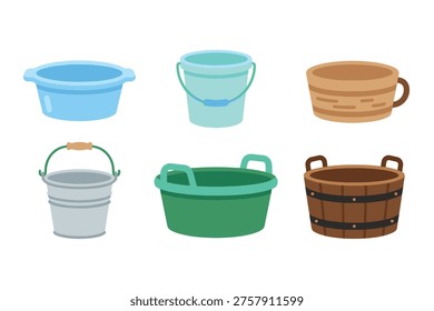 Plastic bucket and water basin collection for household and garden flat vector illustration