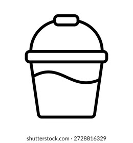 Plastic bucket with water, linear icon. Domestic mopping, household cleaning equipment, and hygiene chores.