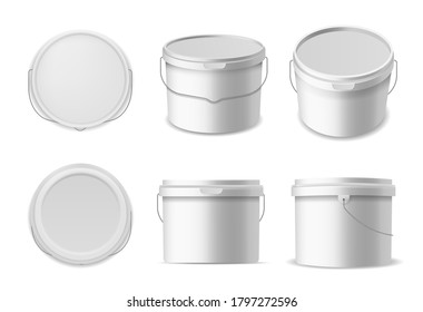 Plastic buckets. Construction liquids containers template, white bucket for different products container mockup closed round box in different angles, 3d realistic vector isolated mockups set