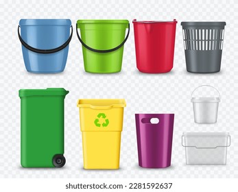 Plastic buckets, trash cans and containers realistic mockup. Household or laundry colorful buckets with handle, ice cream or mayonnaise packaging isolated vector mockups, realistic trash containers