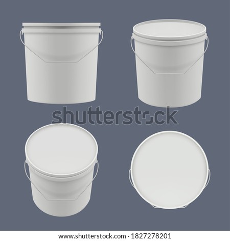 Plastic buckets. Yoghurt or construction liquids containers packages templates vector empty buckets
