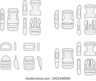 Ilustración técnica de los adornos de la moda de las hebillas plásticas para el accesorio y el diseño de la ropa deportiva