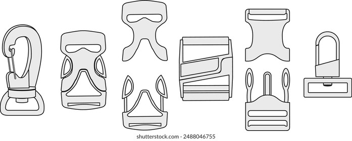 Ilustración técnica de adornos de hebillas de plástico para diseño de accesorios y ropa deportiva