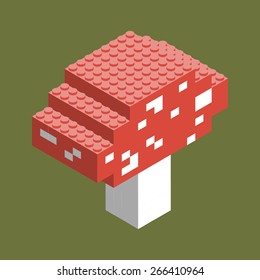 Plastic building blocks and tiles in isometric projection. Vector illustration of the mushroom