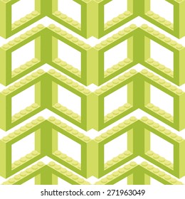 Plastic building blocks and tiles in isometric projection. Vector seamless pattern