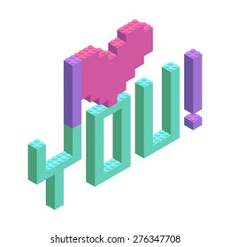 Plastic building blocks and tiles in isometric projection. Vector illustration with building kit and text I love you