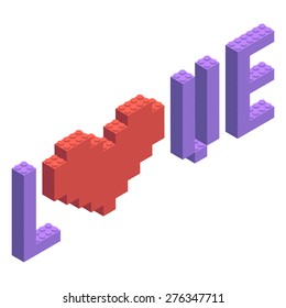 Plastic building blocks and tiles in isometric projection. Vector illustration with building kit and text love