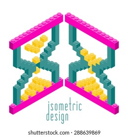 Plastic building blocks and tiles in isometric projection. Vector illustration with building kit and cursor, hourglass