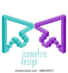 Plastic building blocks and tiles in isometric projection. Vector illustration with building kit and cursor, arrow