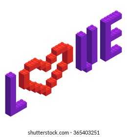 Plastic building blocks and tiles in isometric projection. Vector illustration with building kit and text love. Design for Valentine's day