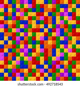 Plastic building brick and blocks game vector textured background, seamless vector colorful backdrop, children toy constructing activity