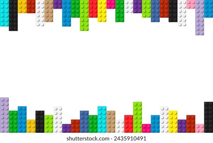 Plastic building toy blocks background. Construction plate. Close-up of a colorful bricks viewed from above with free place for your content or text. Abstract vector background illustration