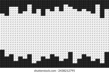 Plastic building toy blocks background. Construction plate. Close-up of a black bricks viewed from above with free place for your content or text. Abstract vector background illustration