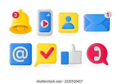 Iconos de negocios plásticos. redes sociales y símbolos de medios, comunicación y burbuja de discursos. Conjunto aislado de vectores