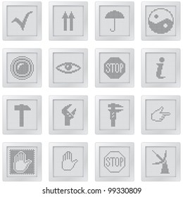 plastic buttons with icon set with dot-based symbols for control and info screens and web design.