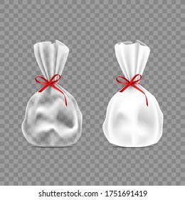 Plastic Candy Packages. White And Transparent Packs With Red Bow. EPS10 Vector